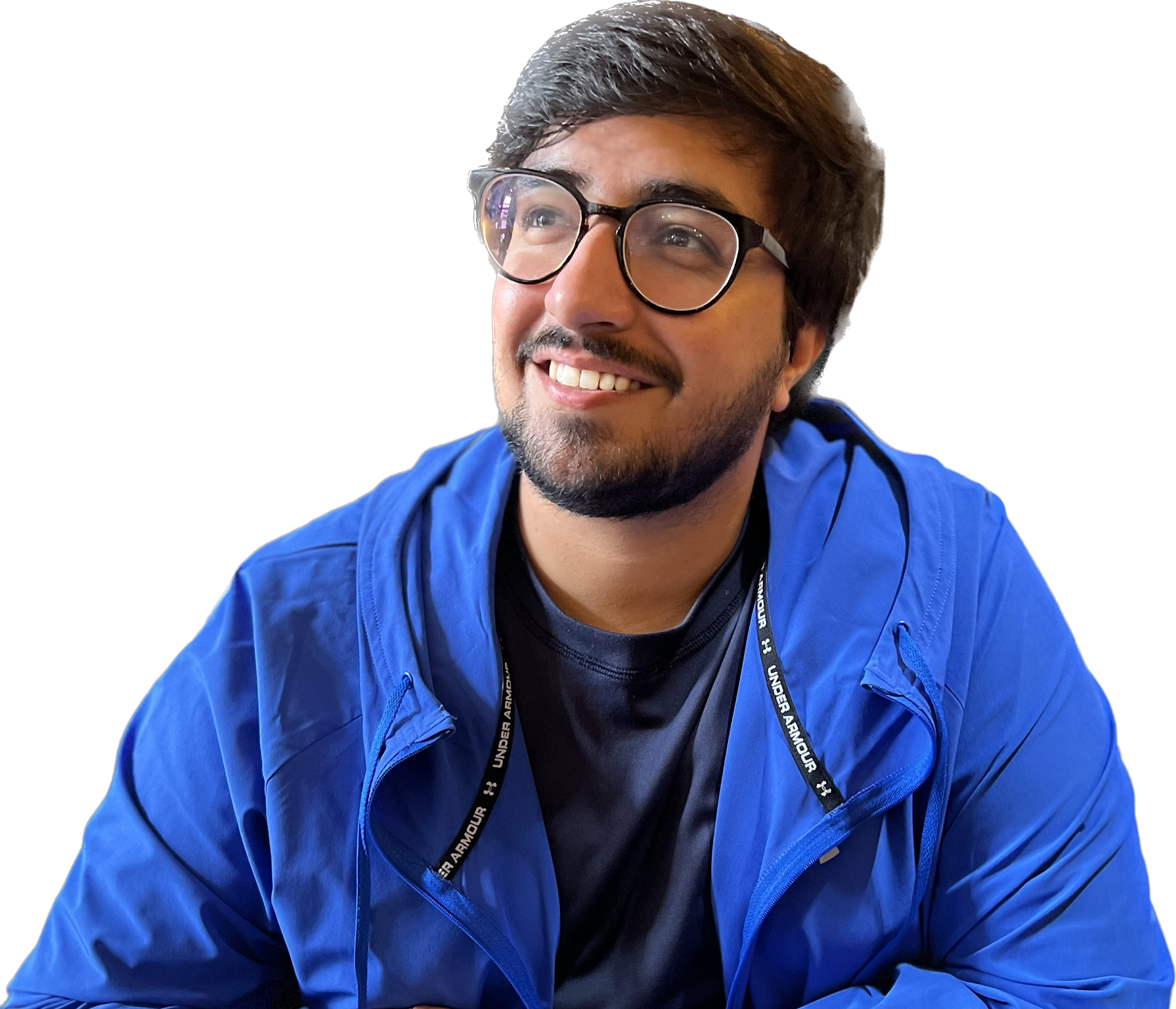 image of CEO Pravleen Thukral in blue jacket, looking up at the sky