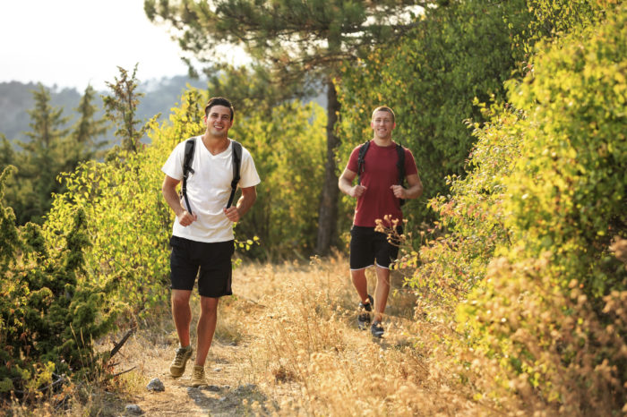 Two men are hiking in forest